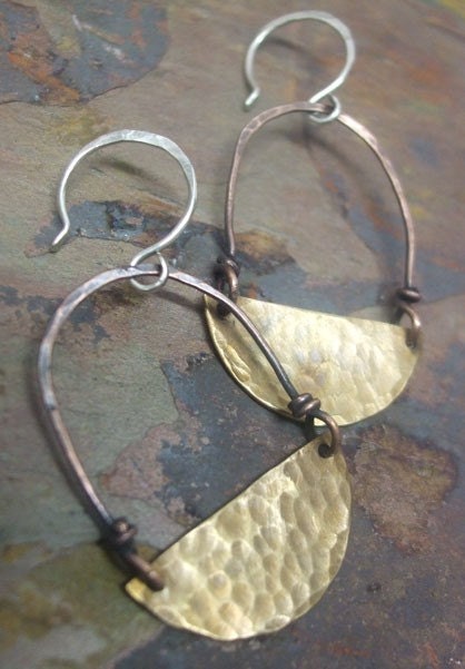 Tri Color Swing Earrings 2,Brass, Copper, and Sterling Silver, ThePurpleLilyDesigns