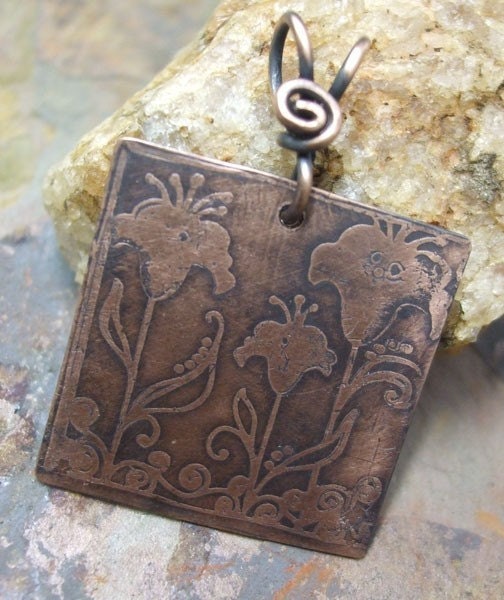 Wind Talkers, Antiqued and Etched Copper Floral Pendant, ThePurpleLilyDesigns
