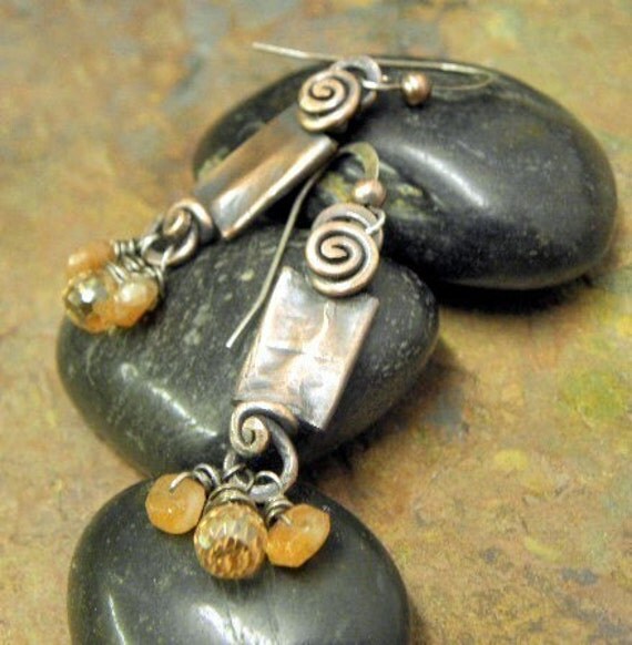 Sunstone and Champange Knockers, Antiqued Copper, Sterling Silver, Sunstone, and Faceted CZ brio earrings, ThePurpleLilyDesigns