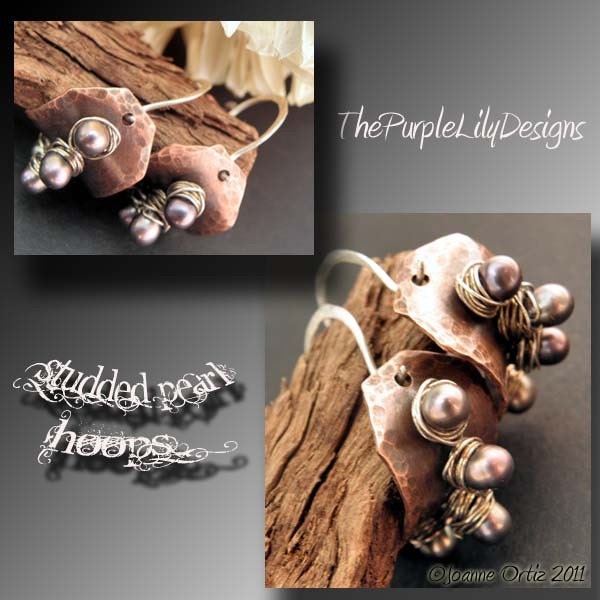 4 pr. Left, Studded Pearl Hoops, Copper, Sterling Silver, and Pearl earrings, ThePurpleLilyDesigns, SOON TO RETIRE