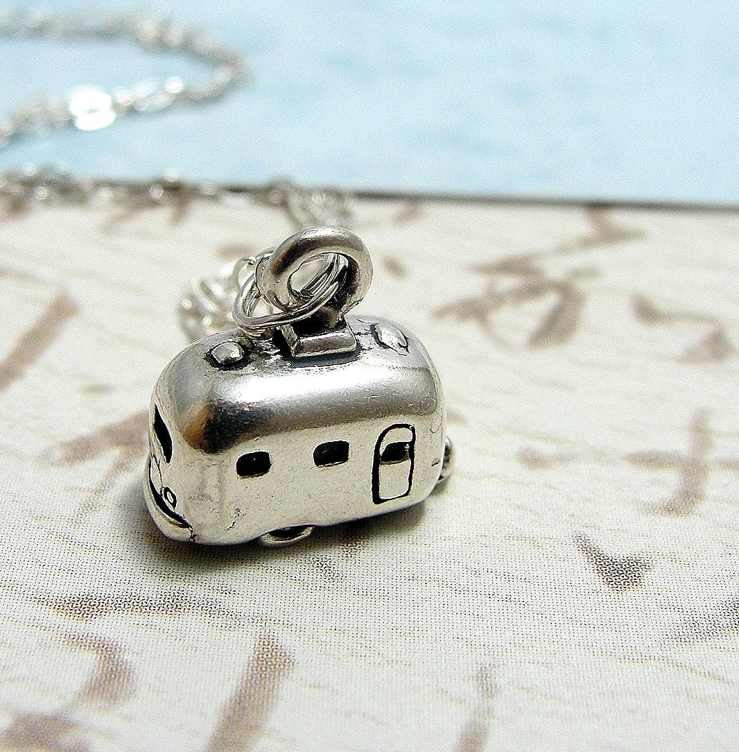 Tiny Camper RV Necklace, Sterling Silver Campter Charm on a Silver Cable Chain