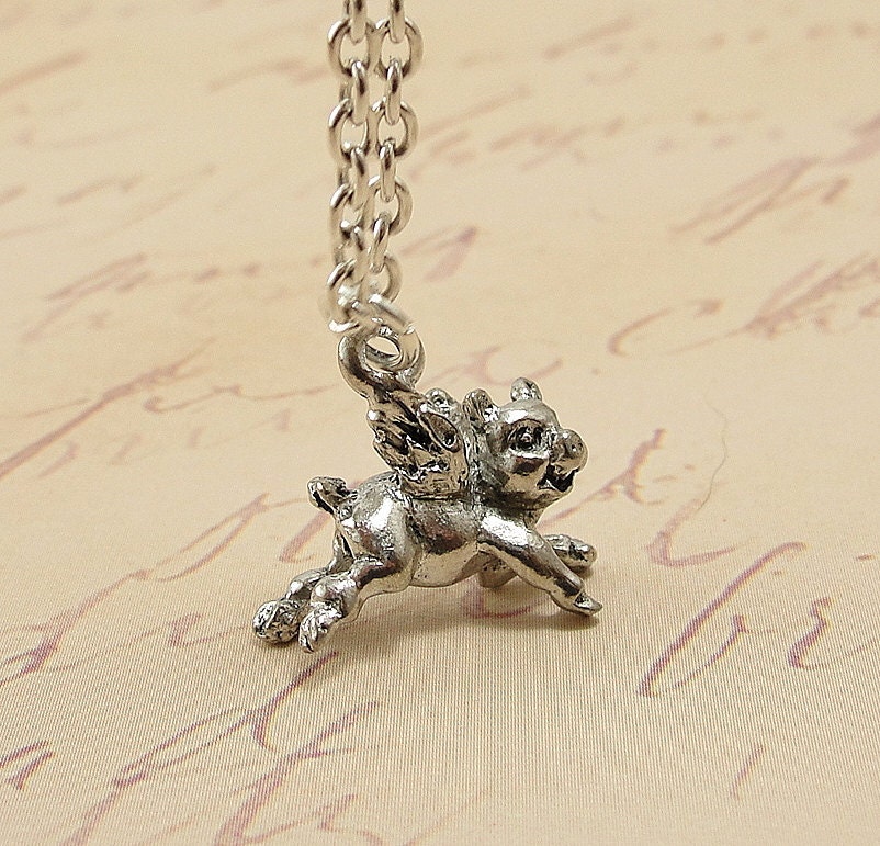 Flying Pig - Silver Plated Pewter Charm Necklace on a 17 inch Cable Chain