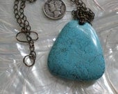BOLD and BEAUTIFUL Turquoise Antique Bronze Chain with Wire Wrapped Pendant Handmade Clasp OOAK
