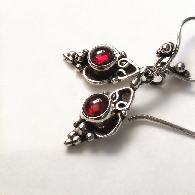 Garnet Drop Earrings Ornate Silver Dark Red Cabochon