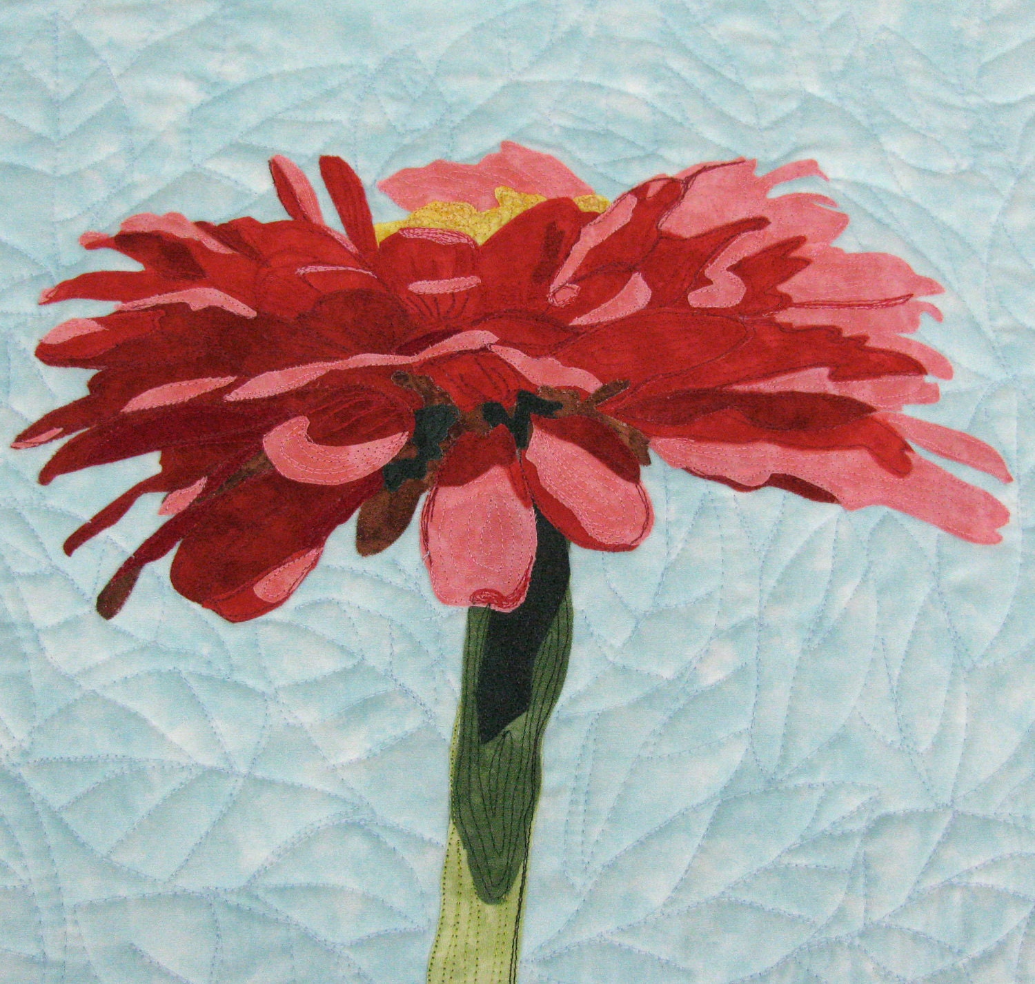 Contemporary Art Quilt Red Zinnia Flower