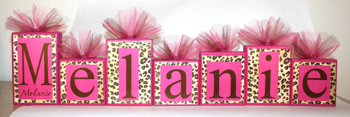Custom order for Lauren- Leopard Print with Hot pink Name Blocks - Nursery decor - Baby shower- Kids room- Birthday Party decor