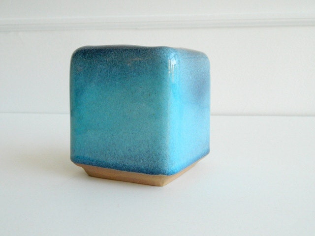 Square Blue drip glidden ceramic vase or planter