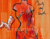 Original Illustration Art - Orange Red and Teal Painting - Sewing Dress Form -  4x4 Inches (10.2x10.2 cm) Acrylic on Wood Panel