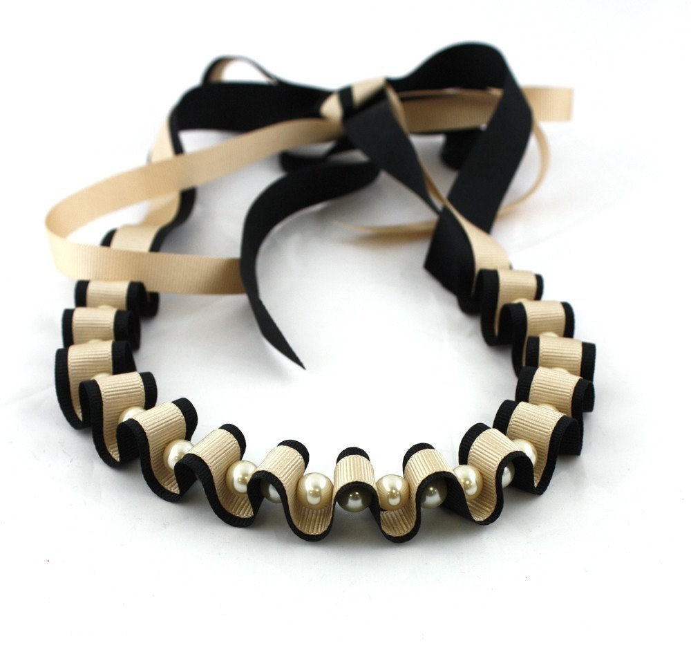 Ribbon and Pearl Necklace - Black and Gold Ribbon and Pearl Necklace