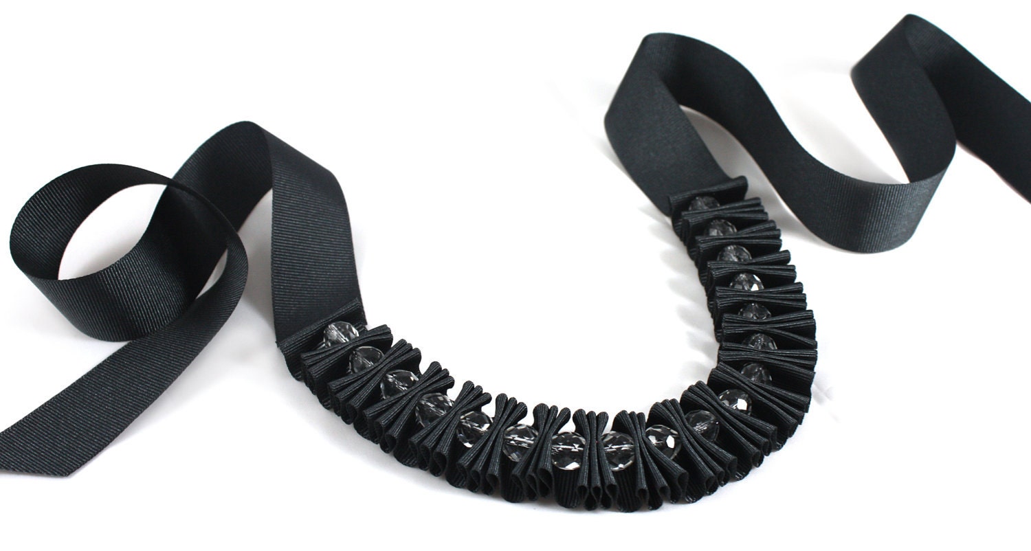 Dark Grey Petite Crystal Pleated Ribbon Necklace