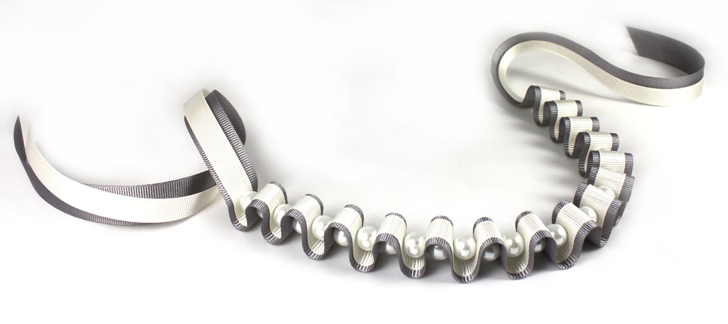 Grey and Cream Ribbon and Pearl Necklace