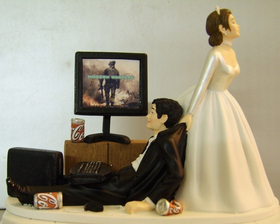 INTERNET 'junkie' GROOM. Computer/PC Customized Wedding Cake Topper with Flat Screen Monitor
