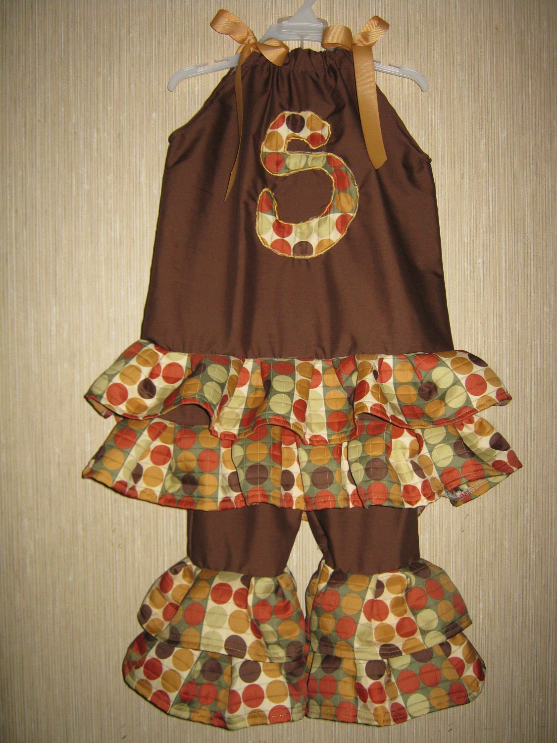 Personalized Initial Polka Dots Fall Thanksgiving Autumn Ruffled Brown Outfit Newborn-18mths