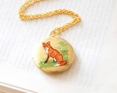 Fox Necklace.... Vintage Inspired... Brass Locket, Gold Chain... Woodland, Forest Animal...
