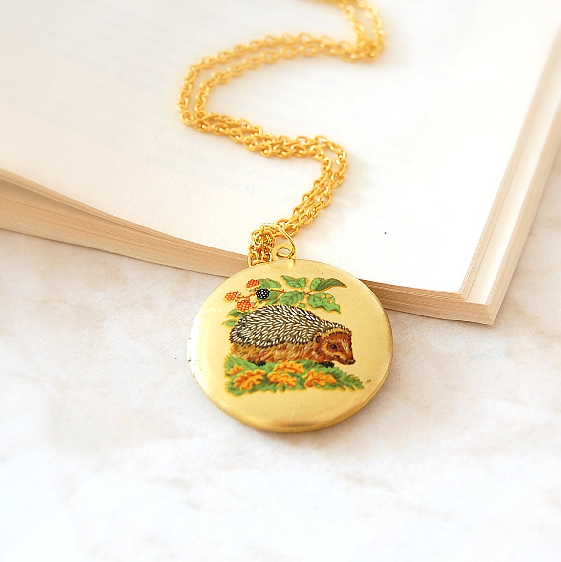 Hedgehog Locket Necklace. Woodland Photo Locket Necklace. Forest Animal Jewelry.