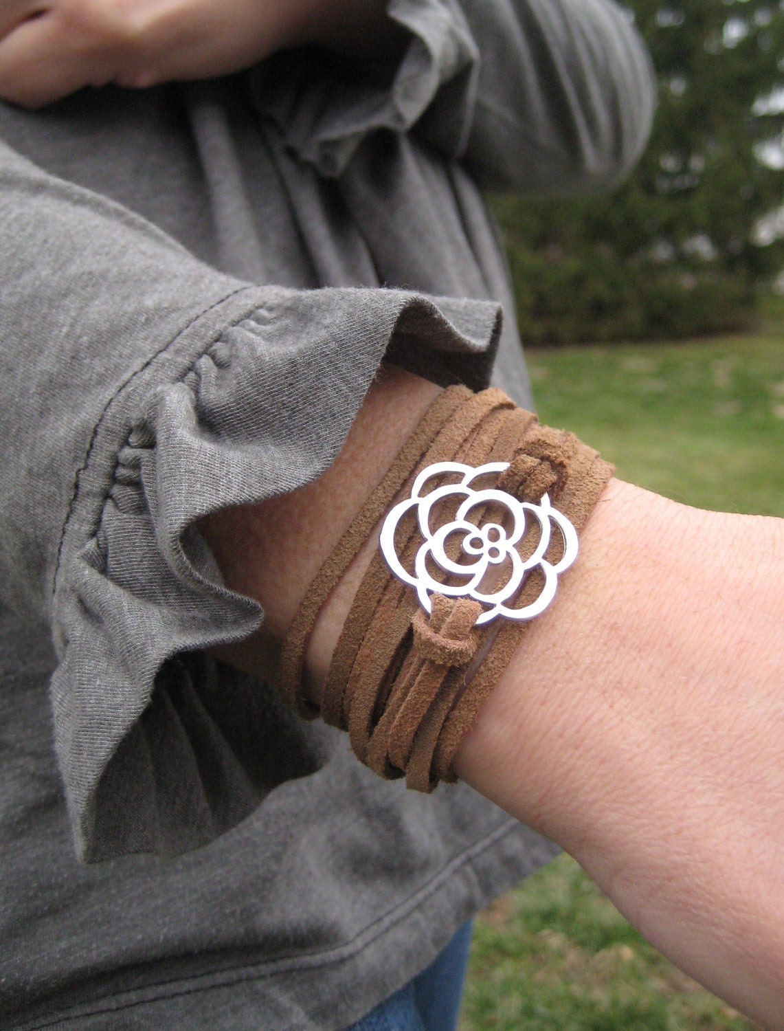 Leather Wrap bracelet, silver flower charm, brown leather wrap bracelet