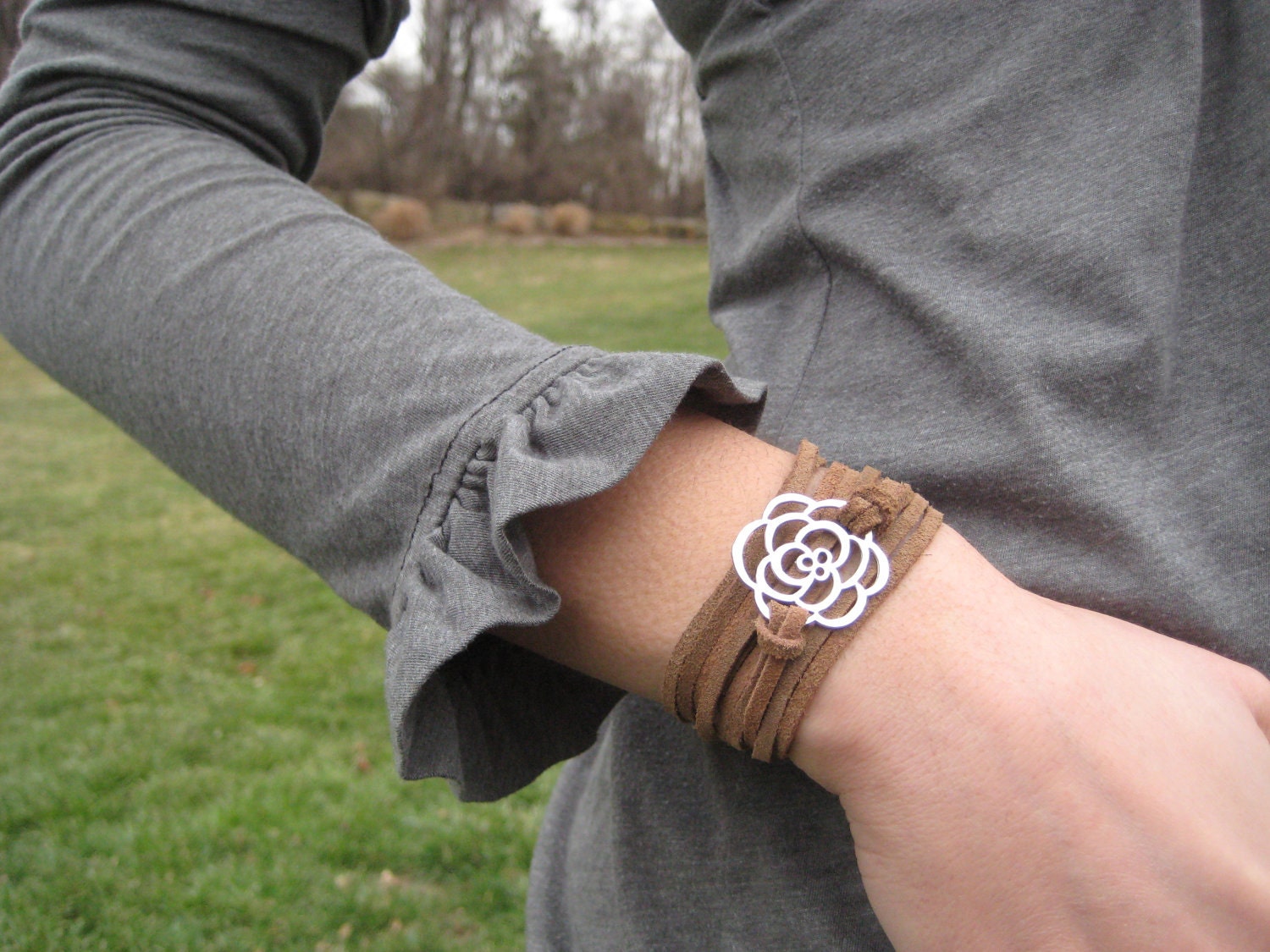 Leather Wrap bracelet, silver flower charm, brown leather wrap bracelet