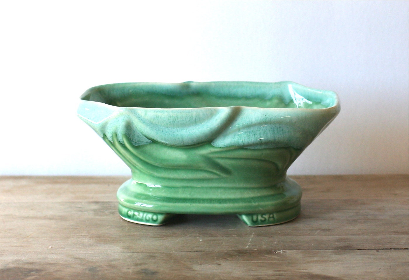 Vintage California Pottery Planter Aqua CP 160 USA Drip Glaze