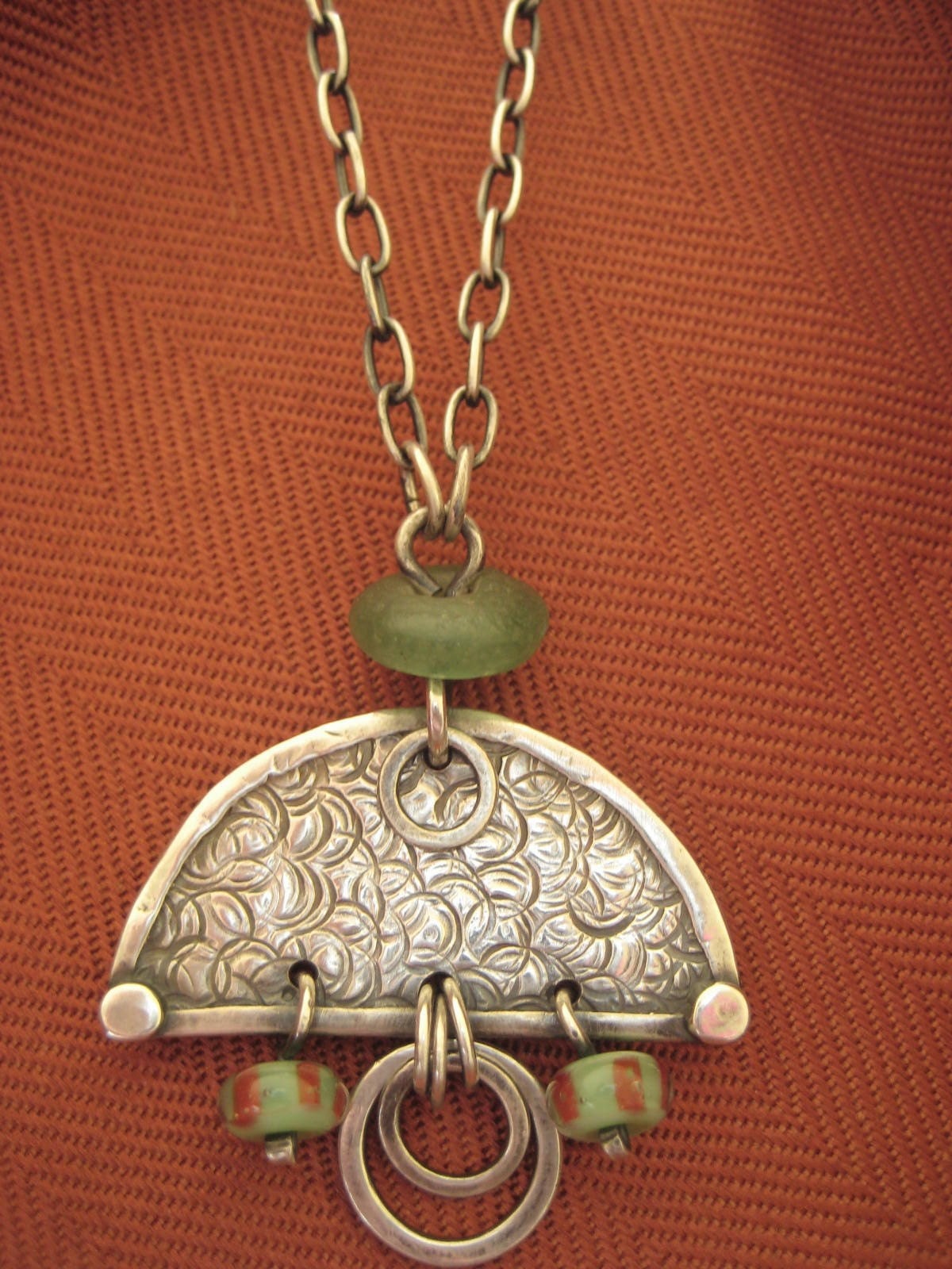 Vintage light green beads,glass rust beads, oxidized sterling silver necklace, handmade