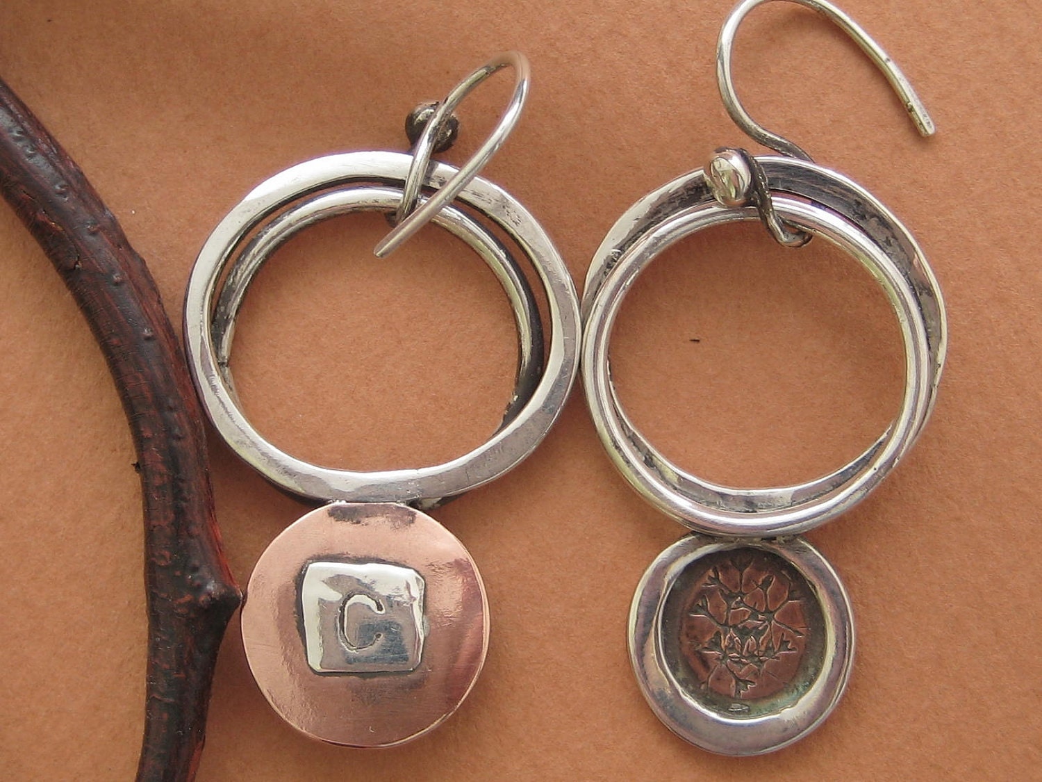 Copper, Forged Sterling Silver Earrings