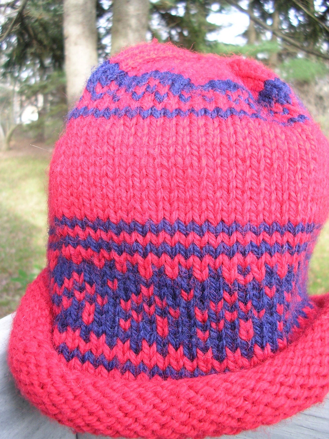Handknit Red Roll Brim Hat with Blue Snowflakes Fair Isle