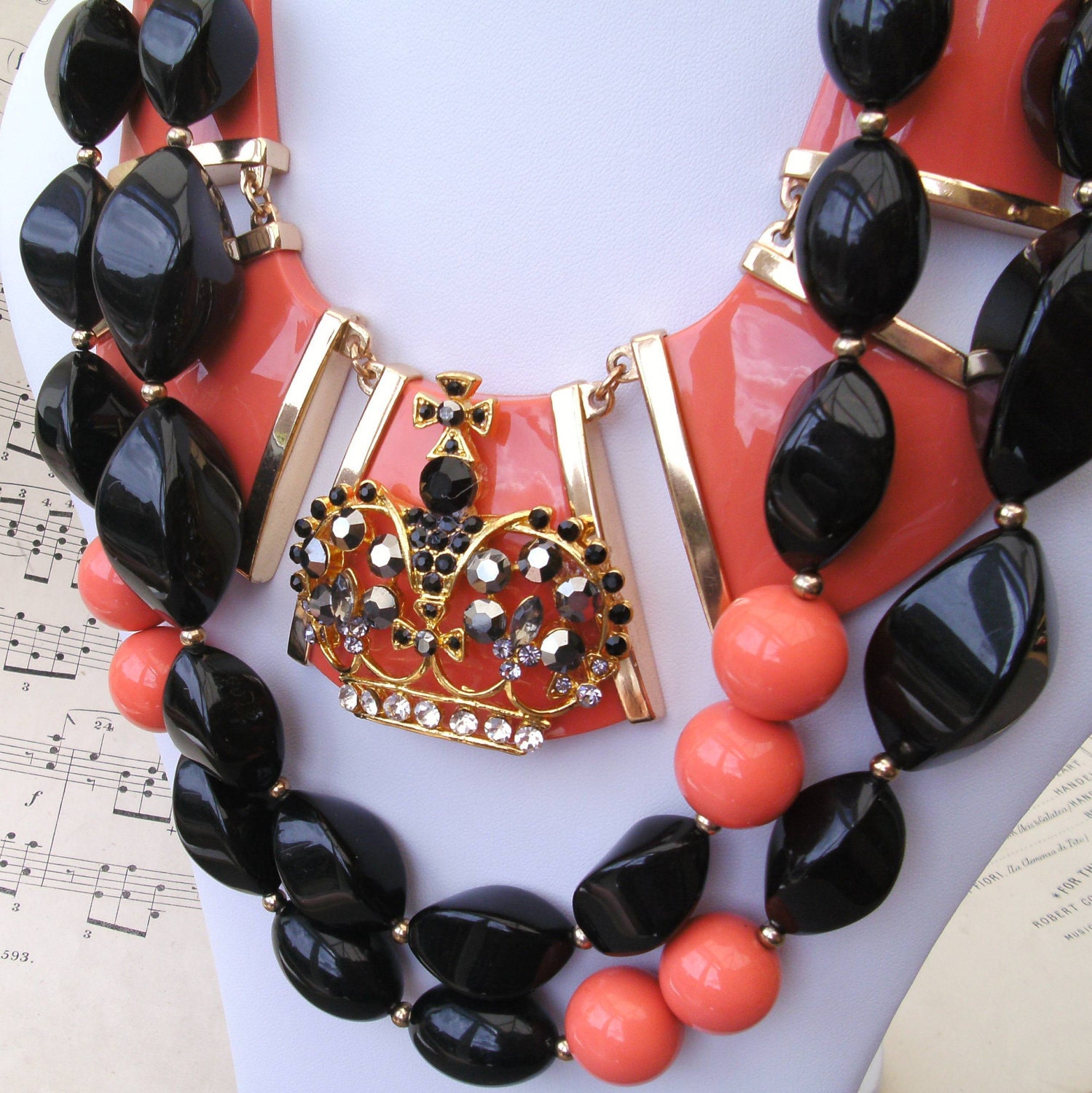 Statement Necklace, Bib Necklace, Stunning Repurposed 80s Black & Coral