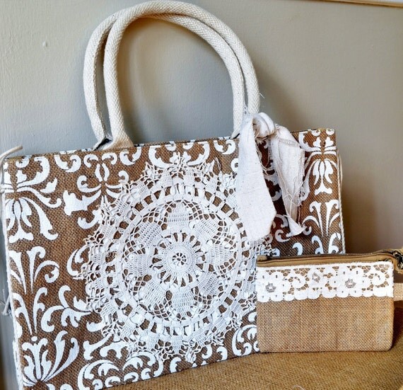 Burlap/Jute Market Tote with Damask Print and Vintage Lace