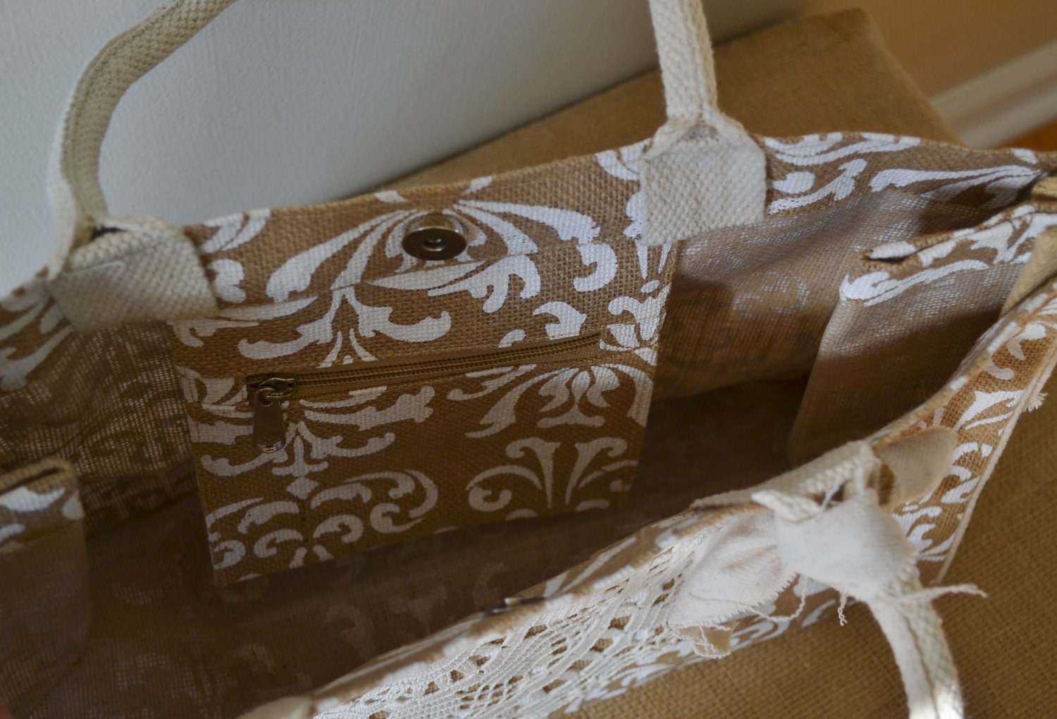 Burlap/Jute Market Tote with Damask Print and Vintage Lace