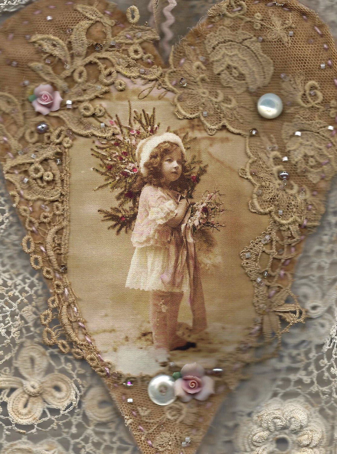 Edwardian Winter Girl in Pink Vintage Lace Heart Collage Ornament Lg.