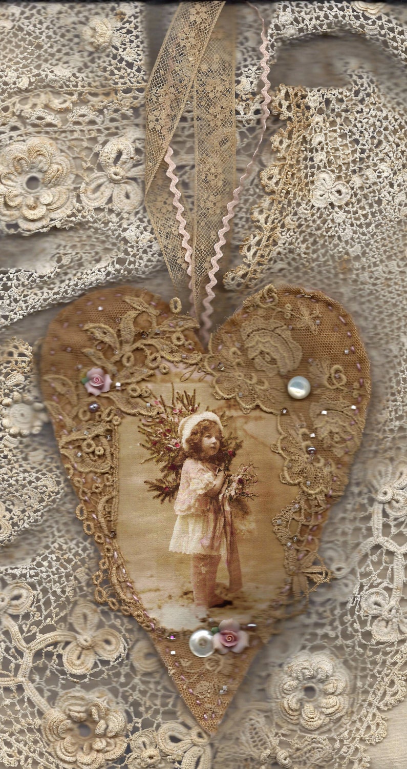 Edwardian Winter Girl in Pink Vintage Lace Heart Collage Ornament Lg.