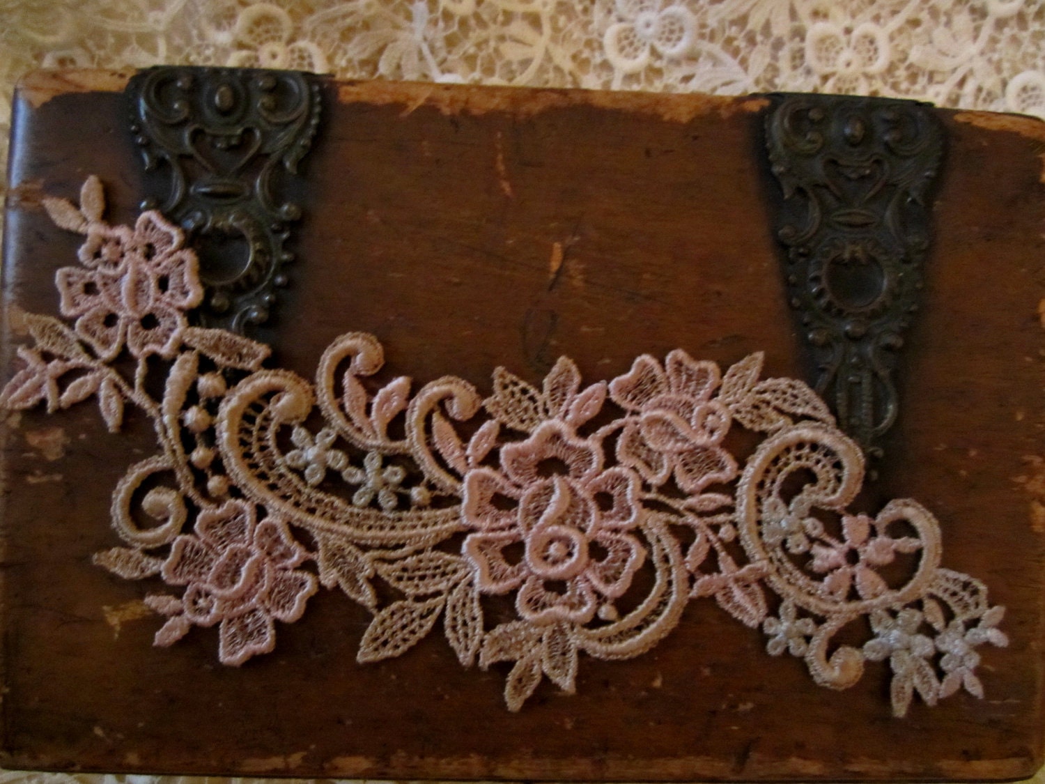 Hand Dyed Venise Lace Rose Forget Me Nots Vintage Patina