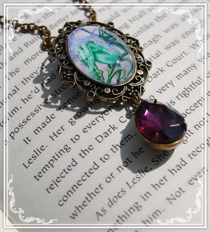 Vintage Faerie Necklace - Glass Faerie Cabochon - Wearable Art - Well Art - Transformation - Blue Bells - Faerie Court - Purple Faerie