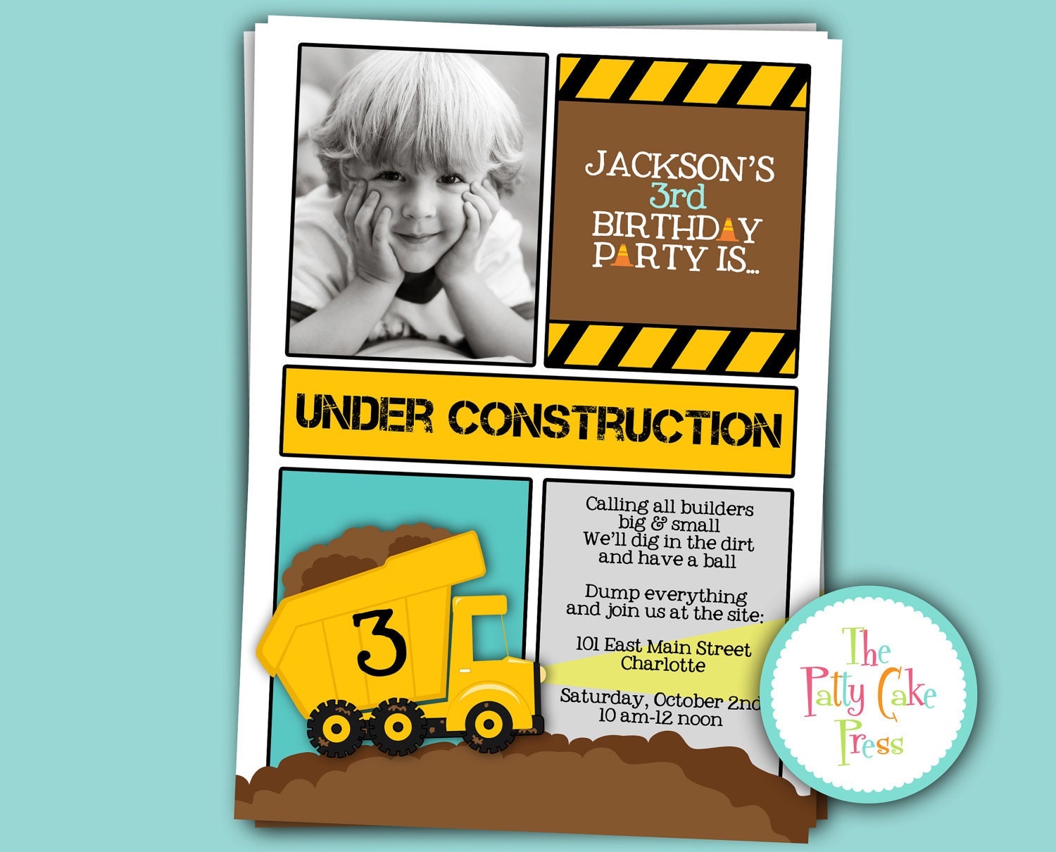 Construction Photo Invitation Dump Truck Birthday Party Custom Printable Digital File Second Third 2nd 3rd