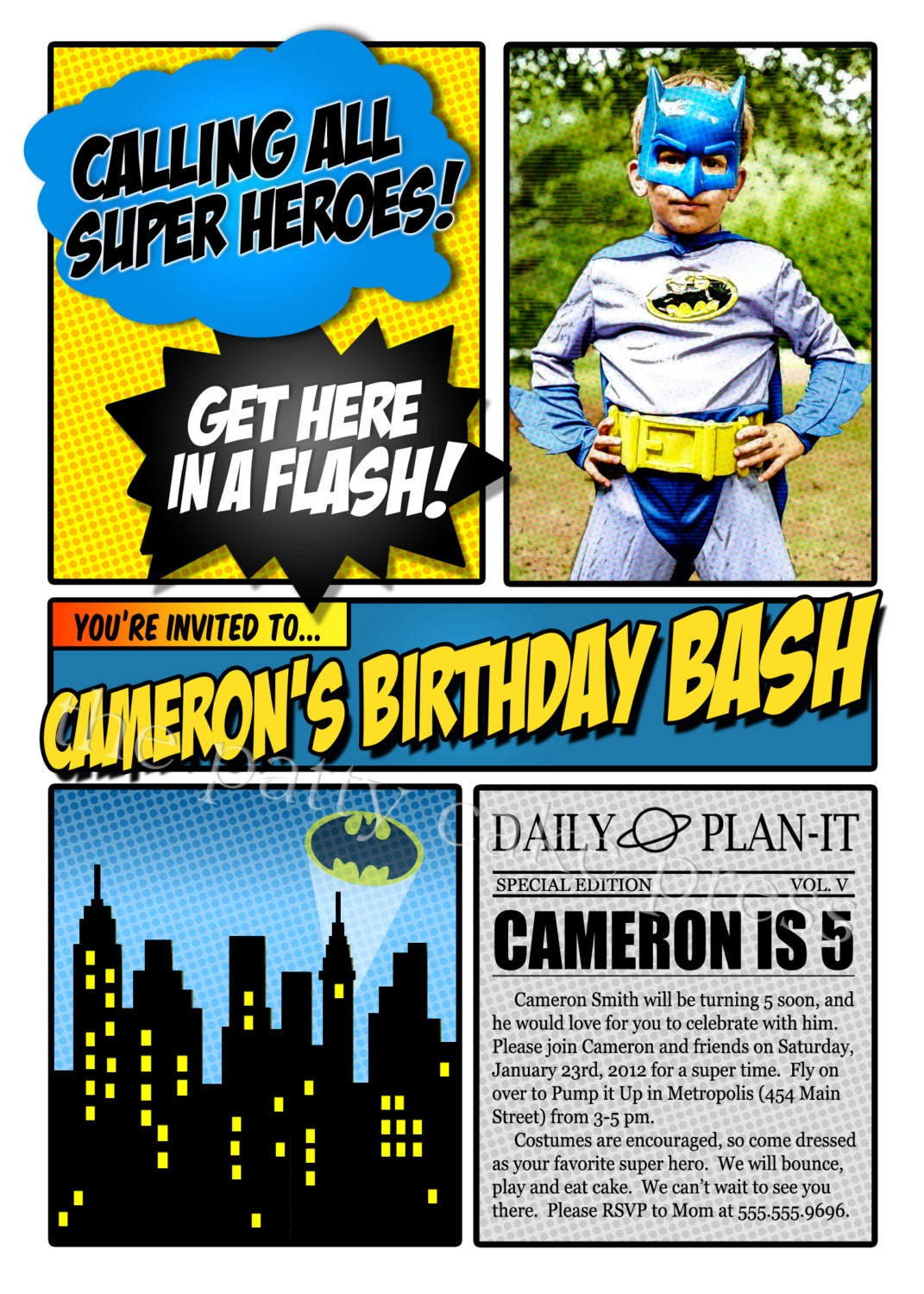 Super Hero Photo Invitation Birthday Party Custom Printable Digital File Spiderman Superman Batman Captain America Superhero