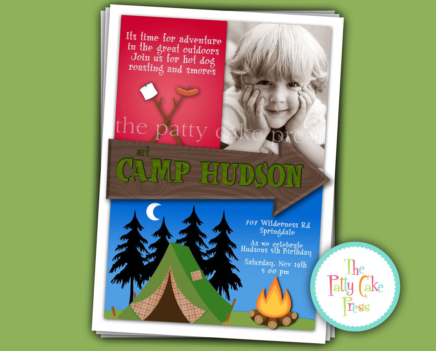 Camping Invitation with Photo Birthday Party Custom Printable Digital File Fourth Third 4th 3rd Tent Bonfire Fall