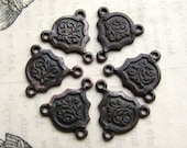 Tiny 13mm rosary link, black antiqued brass (6 triple connectors) dark aged patina necklace link, small reducer