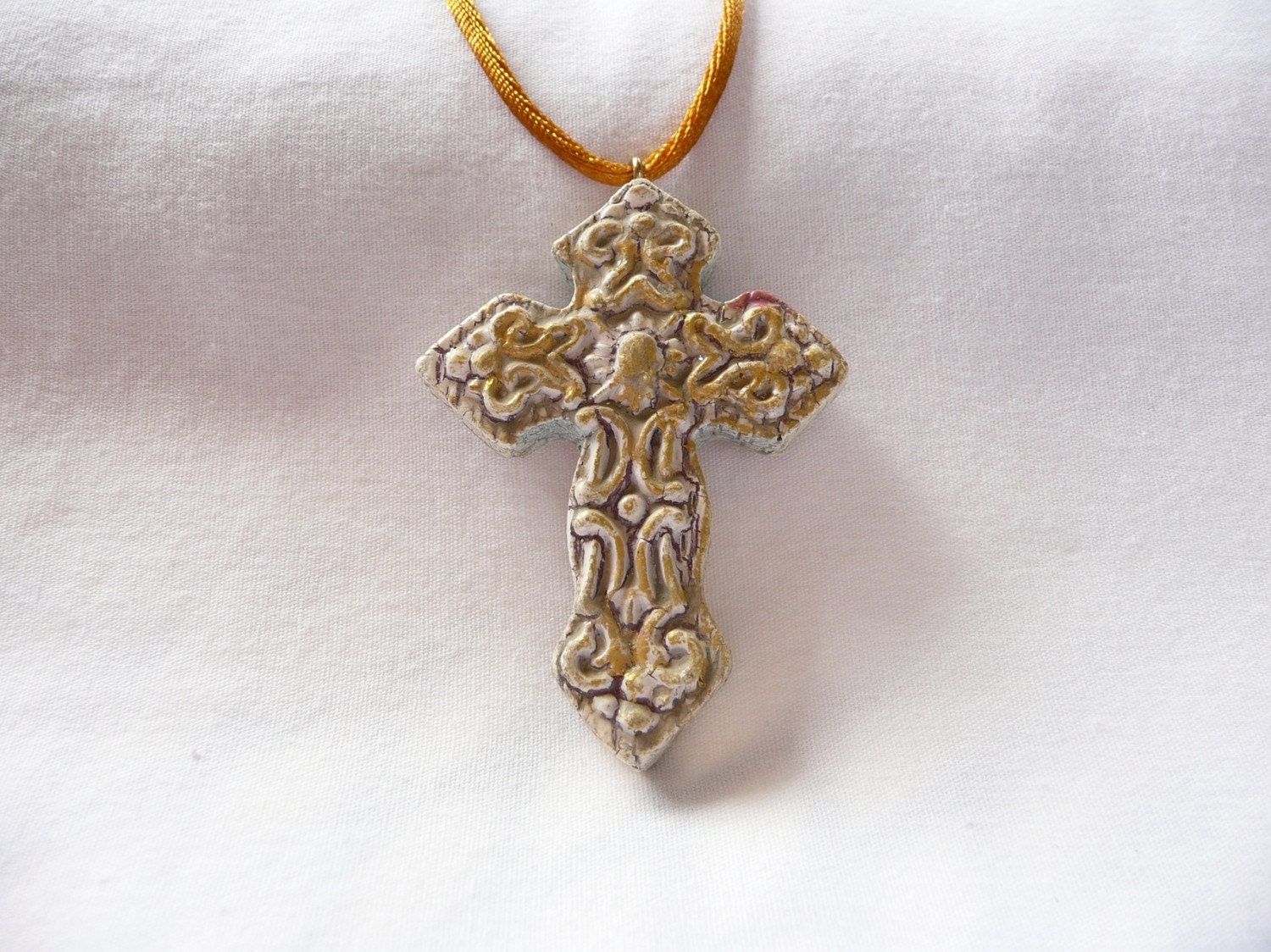 Antiqued Ivory and Gold Cross Necklace