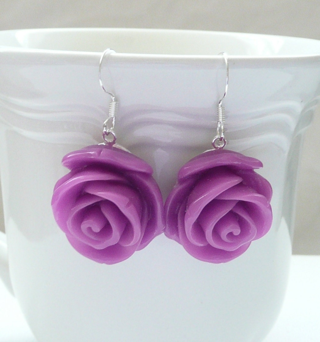 Large Purple Rose Dangle Earrings