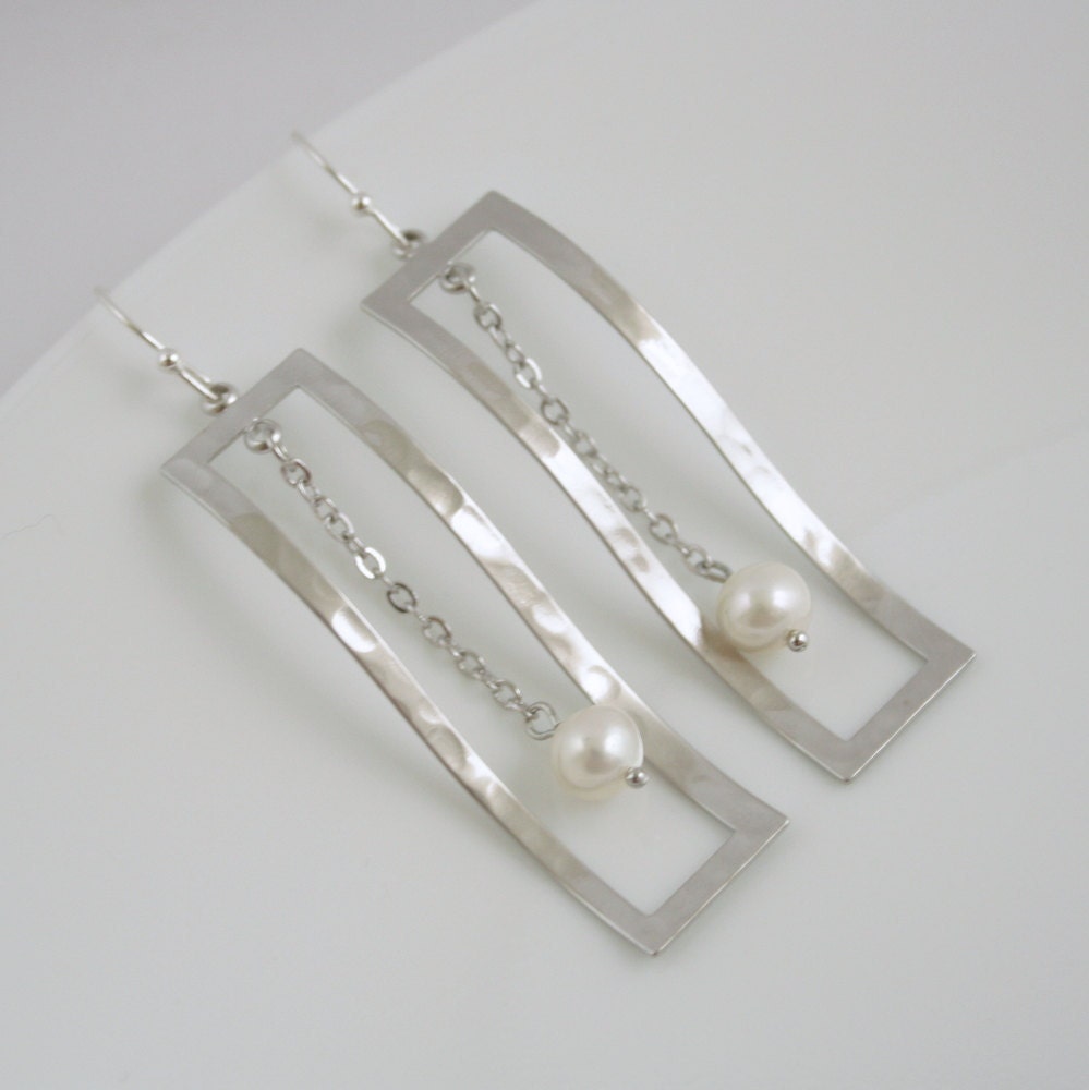 Matte Silver Pearl Earrings Wavy Rectangular Hammered long Dangles