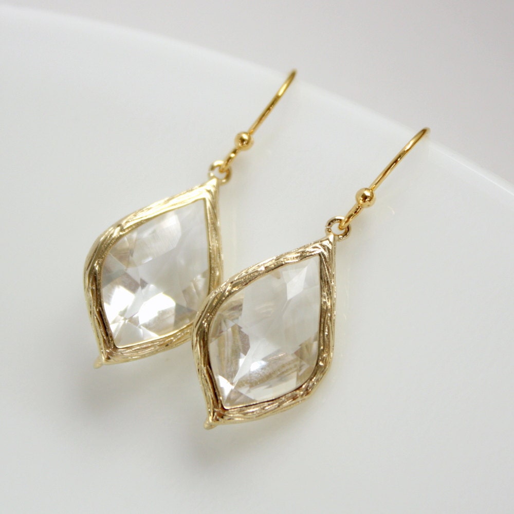 Gold Earrings Clear Glass Drops Dangle Earrings