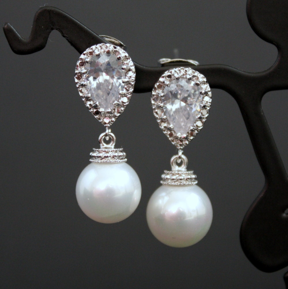 Pearl Jewelry Cubic Zirconia Pearl Bridal Earrings Bridesmaid Earrings Stud Posts Silver with White Swarovski Pearl Drops Wedding Jewelry