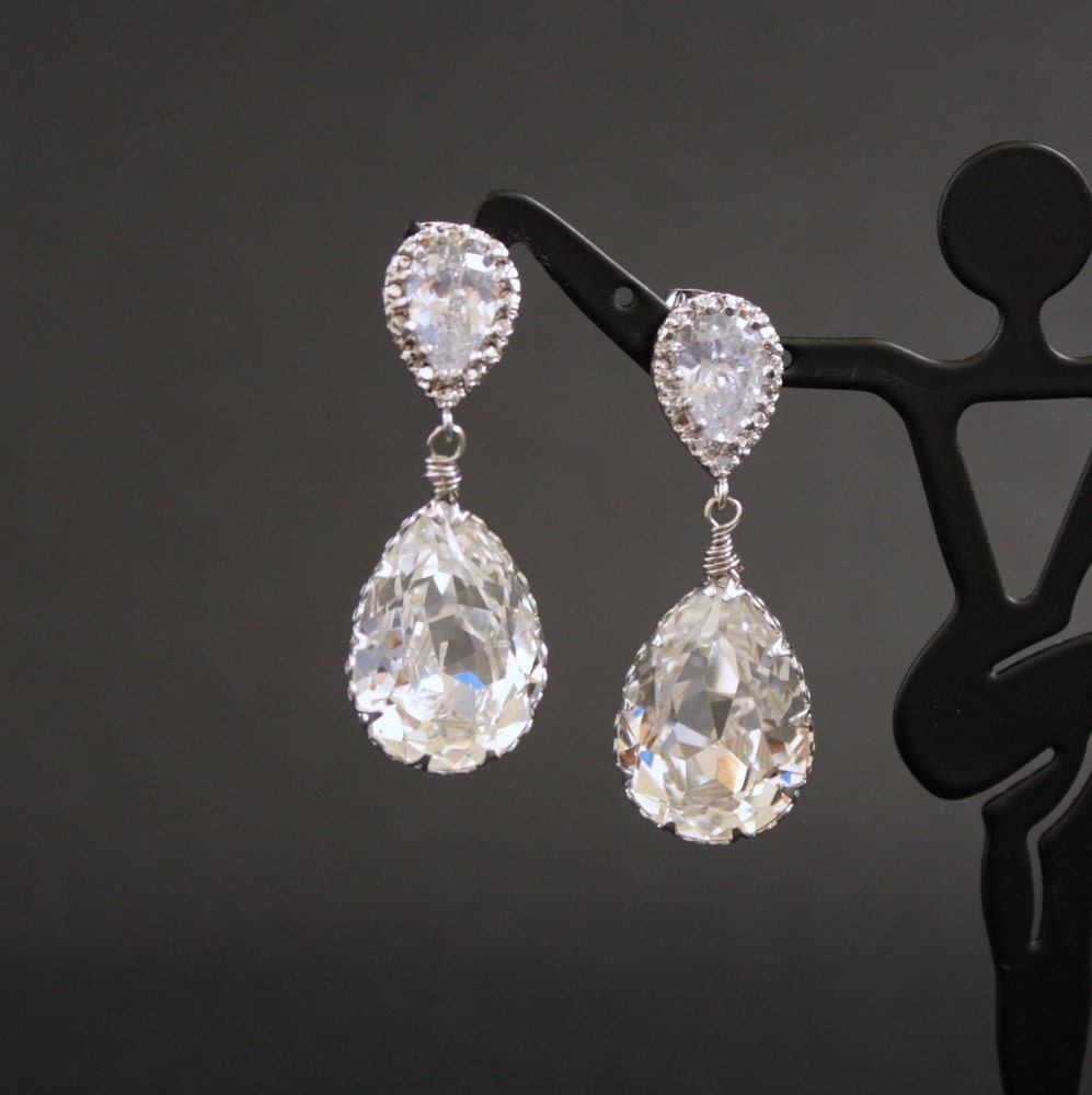 Wedding Earrings Bridal Earrings with Clear Swarovski Teardrop on Cubic Zirconia Silver Posts Bridesmaid Earrings