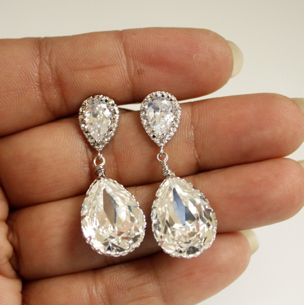 Wedding Earrings Bridal Earrings with Clear Swarovski Teardrop on Cubic Zirconia Silver Posts Bridesmaid Earrings