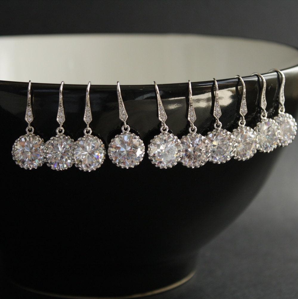Wedding Jewelry Bridesmaid Jewelry Set of 5 Round Cubic Zirconia Earrings Silver Bridesmaid Earrings