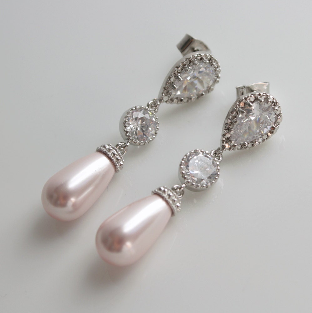 Pearl Jewelry Rose Pink Pearl Earrings Cubic Zirconia Bridal Earrings Silver with Swarovski Pearl Drops Wedding Jewelry