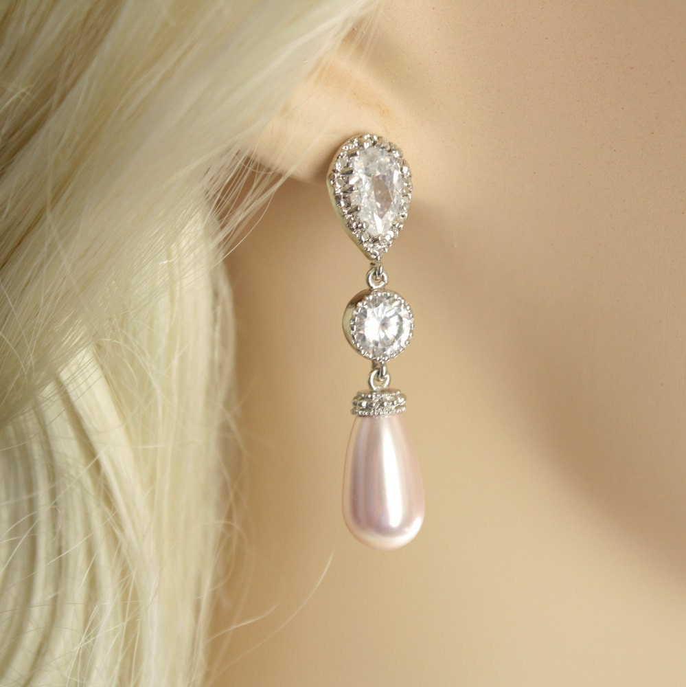 Pearl Jewelry Rose Pink Pearl Earrings Cubic Zirconia Bridal Earrings Silver with Swarovski Pearl Drops Wedding Jewelry