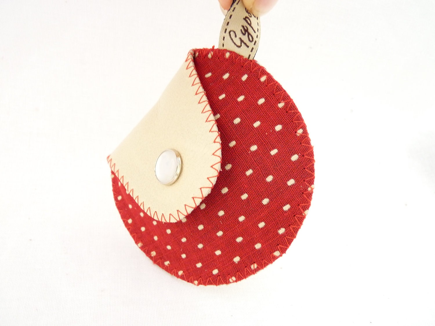 Coin Purse / The Mini Gypsy Vintage / Beige Leather with Red and White Polka Dots Vintage Fabric OOAK / Ready to Ship