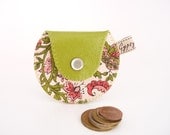 Leather Coin Purse / The Mini Gypsy Vintage / Avocado Green Leather and Flower Print Vintage Fabric / Ready to Ship