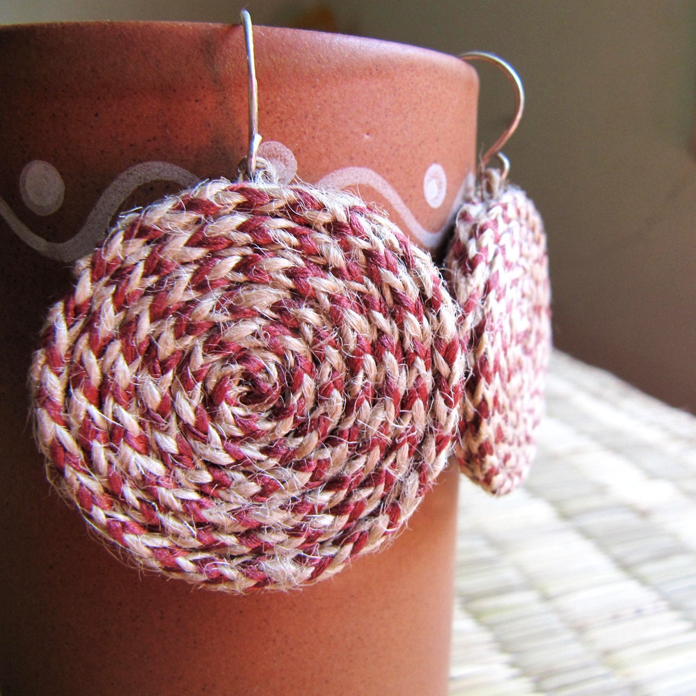 Eco friendly - Natural jewelry - Wine red earrings - Hemp jewelry - Shabby chic, gypsy, autumn, fall fashion- Wine red, cherry, brown, beige