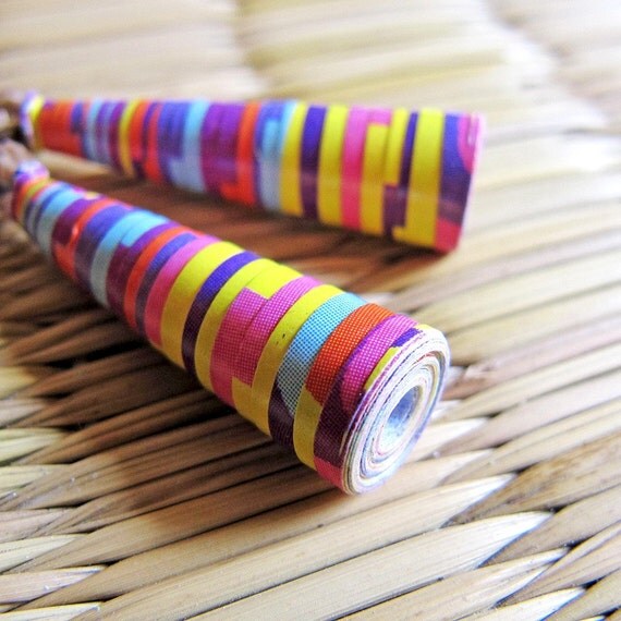 Paper Bead Earrings - 1st year anniversary gift - Spring jewelry - Small earrings - Spring, small, stripes, Coral pink, Yellow, Blue